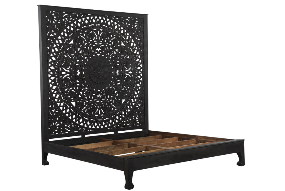 Homeroots Solid Wood King Black Carved Medallion Bed  Wood 527527