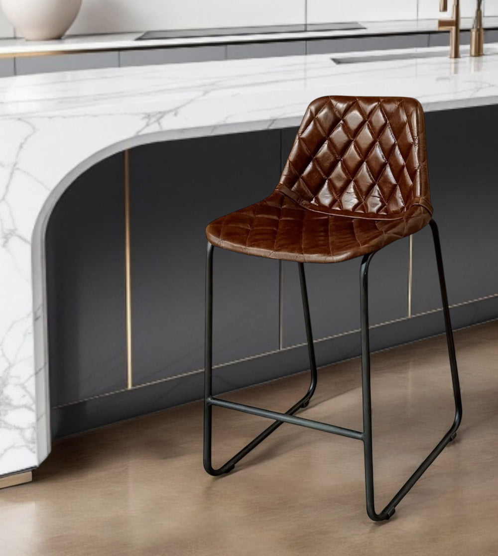 Homeroots 27" Brown And Black Leather And Iron Counter Height Bar Chair   527554