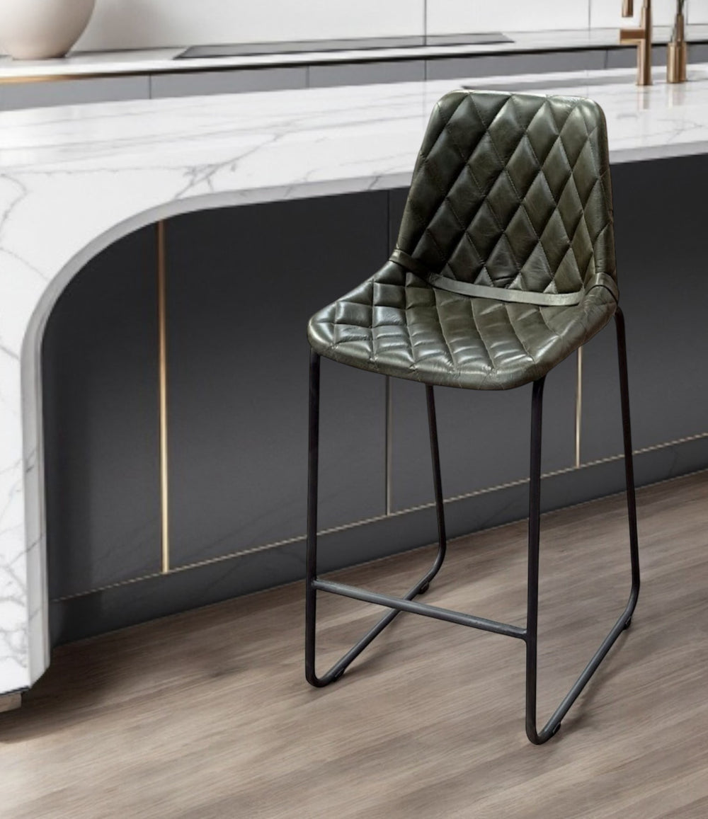 Homeroots 27" Green And Black Leather And Iron Counter Height Bar Chair   527555