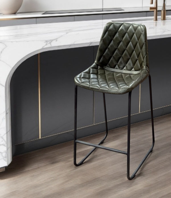 Homeroots 27" Green And Black Leather And Iron Counter Height Bar Chair   527555