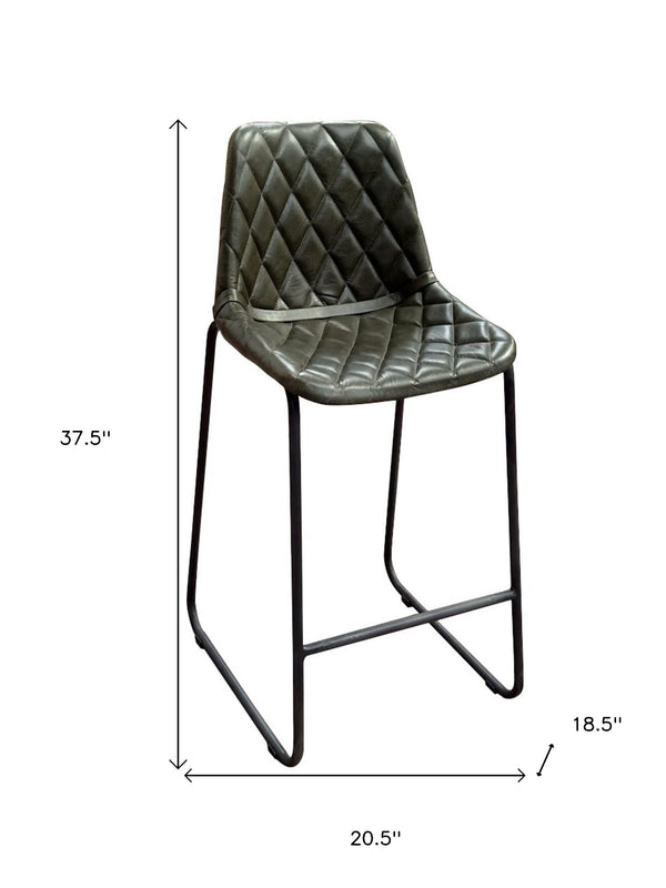 Homeroots 27" Green And Black Leather And Iron Counter Height Bar Chair   527555