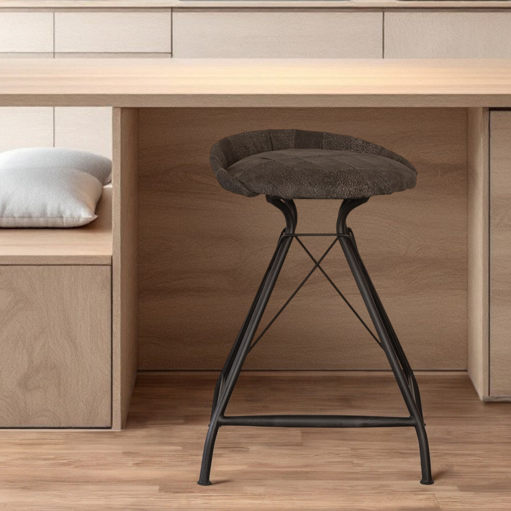 Homeroots 25" Brown And Black Leather And Iron Low Back Counter Height Swivel Bar Chair   527556