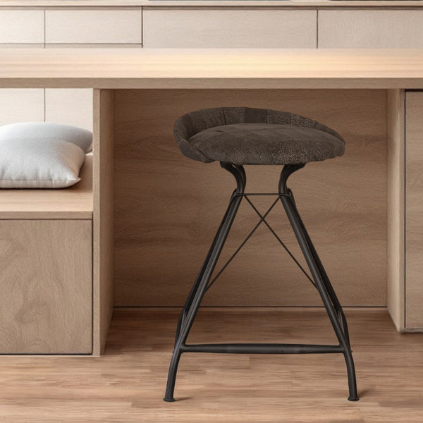 Homeroots 25" Brown And Black Leather And Iron Low Back Counter Height Swivel Bar Chair   527556