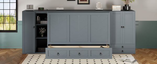 English Elm Queen Murphy Bed with Wardrobe Cabinets Built-in Usb Charging and Concealed Drawers Gray LP000590AAE