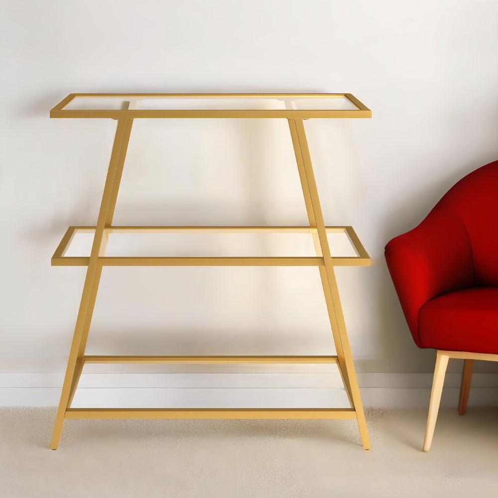 Homeroots 36" Gold Metal And Glass Three Tier Etagere Bookcase   527600