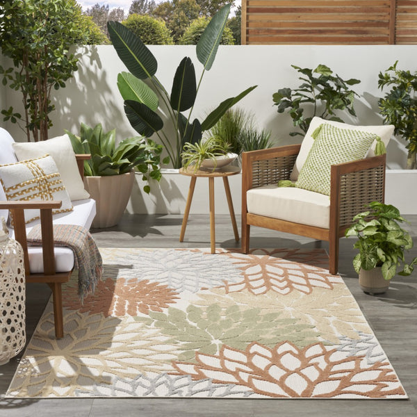 HomeRoots 6' Indoor/Outdoor Area Rug in Ivory, Green, and Blue – Tropical Style, Easy Care, Durable Design 527606
