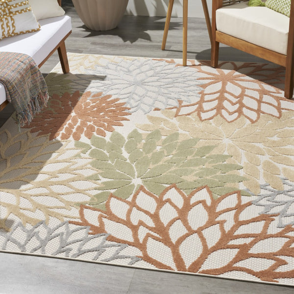 HomeRoots 5' Tropical-Inspired Ivory, Green, and Blue Area Rug for Indoor & Outdoor Durability and Style 527607