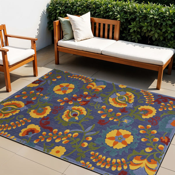 Homeroots 4' Vibrant Blue, Yellow & Green Indoor Outdoor Area Rug - Durable, Versatile, Stylish For Any Space  Polypropylene 527610