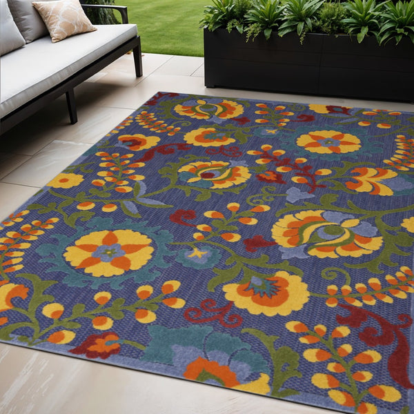 HomeRoots 5' Vibrant Blue Yellow Green Area Rug - Weather-Resistant Indoor Outdoor Floral Design for Any Space 527611