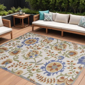 HomeRoots 6' X 9' Elegant Ivory and Blue Floral Area Rug for Indoor/Outdoor Spaces - Durable, Stylish & Easy Care 527612