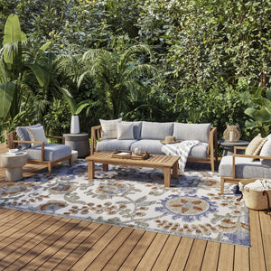 HomeRoots 6' X 9' Elegant Ivory and Blue Floral Area Rug for Indoor/Outdoor Spaces - Durable, Stylish & Easy Care 527612