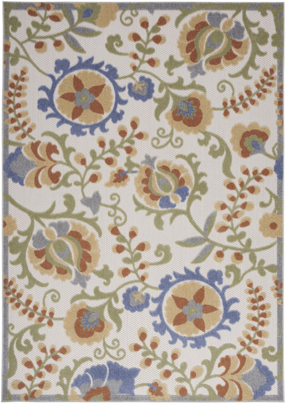 HomeRoots 5' Indoor Outdoor Area Rug - Elegant Ivory & Blue Floral Design, Stain Resistant & Easy Care! 527614