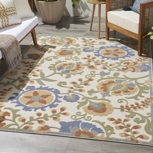 HomeRoots 5' Indoor Outdoor Area Rug - Elegant Ivory & Blue Floral Design, Stain Resistant & Easy Care! 527614
