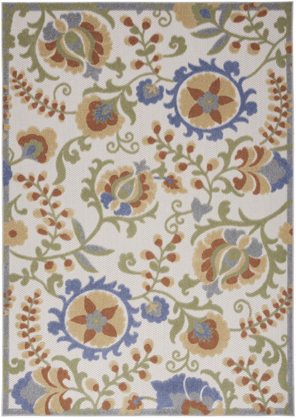 HomeRoots 5' Indoor Outdoor Area Rug - Elegant Ivory & Blue Floral Design, Stain Resistant & Easy Care! 527614