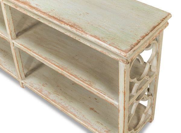 Sarreid Quatrefoil Bookshelf Console Table – Stylish Sage Finish With Reclaimed Pine For Modern Elegance Green  52761