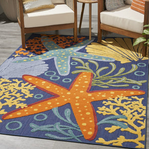 HomeRoots 5' Coastal Starfish Area Rug in Vibrant Orange, Green & Blue - Indoor/Outdoor, Easy-Clean Design 527626