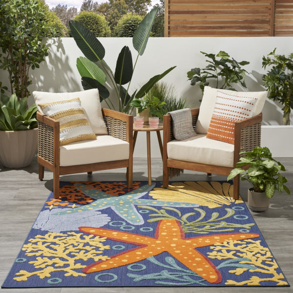 HomeRoots 5' Coastal Starfish Area Rug in Vibrant Orange, Green & Blue - Indoor/Outdoor, Easy-Clean Design 527626