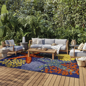 HomeRoots 6' X 9' Vibrant Orange, Green & Blue Indoor-Outdoor Rug - Stylish, Durable, Easy-Care Coastal Accent 527627