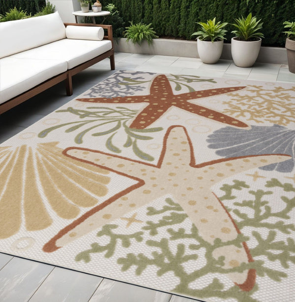 HomeRoots 5' Coastal Starfish Area Rug in Ivory, Orange & Blue – Durable, Easy-Care for Indoor/Outdoor Use 527629