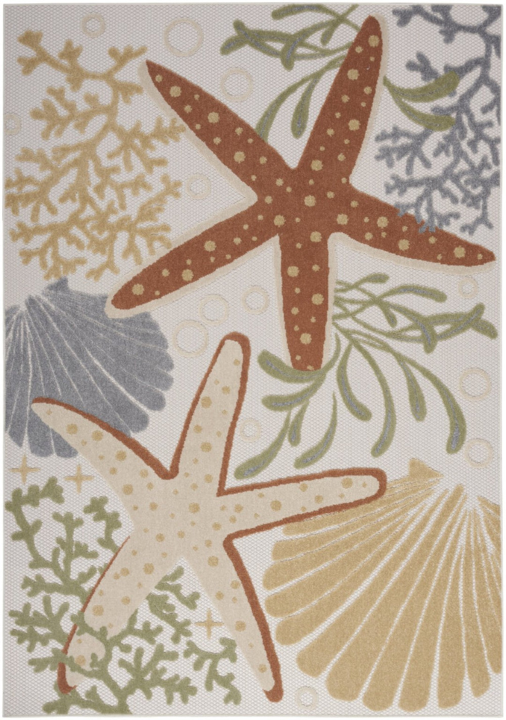 HomeRoots 5' Coastal Starfish Area Rug in Ivory, Orange & Blue – Durable, Easy-Care for Indoor/Outdoor Use 527629