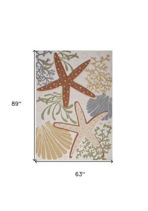 HomeRoots 5' Coastal Starfish Area Rug in Ivory, Orange & Blue – Durable, Easy-Care for Indoor/Outdoor Use 527629