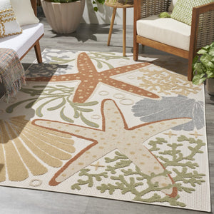 HomeRoots 5' Coastal Starfish Area Rug in Ivory, Orange & Blue – Durable, Easy-Care for Indoor/Outdoor Use 527629
