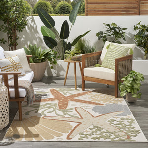 HomeRoots 5' Coastal Starfish Area Rug in Ivory, Orange & Blue – Durable, Easy-Care for Indoor/Outdoor Use 527629