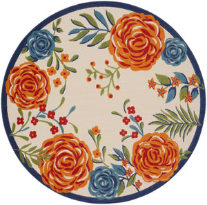 HomeRoots 8' Elegant Floral Area Rug in Ivory, Blue, and Orange - Durable Non-Skid Design for Indoor & Outdoor 8' Round Round 527632