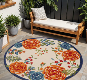 HomeRoots 8' Elegant Floral Area Rug in Ivory, Blue, and Orange - Durable Non-Skid Design for Indoor & Outdoor 8' Round Round 527632