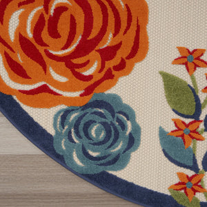 HomeRoots 8' Elegant Floral Area Rug in Ivory, Blue, and Orange - Durable Non-Skid Design for Indoor & Outdoor 8' Round Round 527632