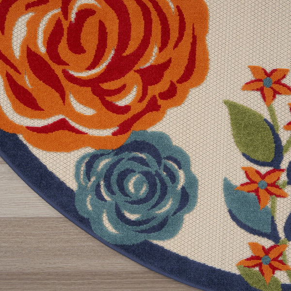 HomeRoots 8' Elegant Floral Area Rug in Ivory, Blue, and Orange - Durable Non-Skid Design for Indoor & Outdoor 8' Round Round 527632
