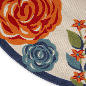 HomeRoots 8' Elegant Floral Area Rug in Ivory, Blue, and Orange - Durable Non-Skid Design for Indoor & Outdoor 8' Round Round 527632