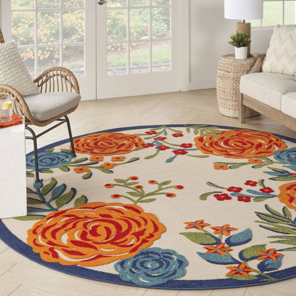 HomeRoots 8' Elegant Floral Area Rug in Ivory, Blue, and Orange - Durable Non-Skid Design for Indoor & Outdoor 8' Round Round 527632