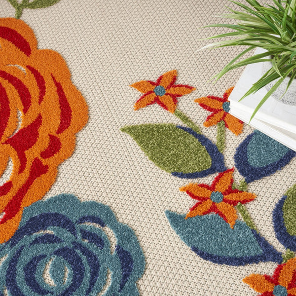 HomeRoots 8' Elegant Floral Area Rug in Ivory, Blue, and Orange - Durable Non-Skid Design for Indoor & Outdoor 8' Round Round 527632