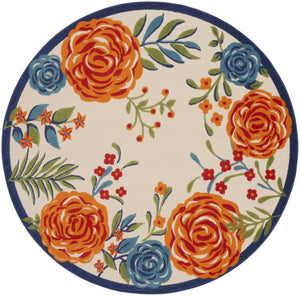 HomeRoots 8' Elegant Floral Area Rug in Ivory, Blue, and Orange - Durable Non-Skid Design for Indoor & Outdoor 8' Round Round 527632