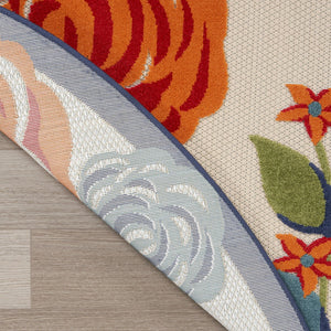 HomeRoots 8' Elegant Floral Area Rug in Ivory, Blue, and Orange - Durable Non-Skid Design for Indoor & Outdoor 8' Round Round 527632