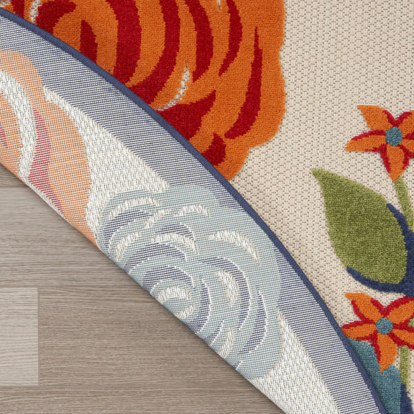 HomeRoots 8' Elegant Floral Area Rug in Ivory, Blue, and Orange - Durable Non-Skid Design for Indoor & Outdoor 8' Round Round 527632