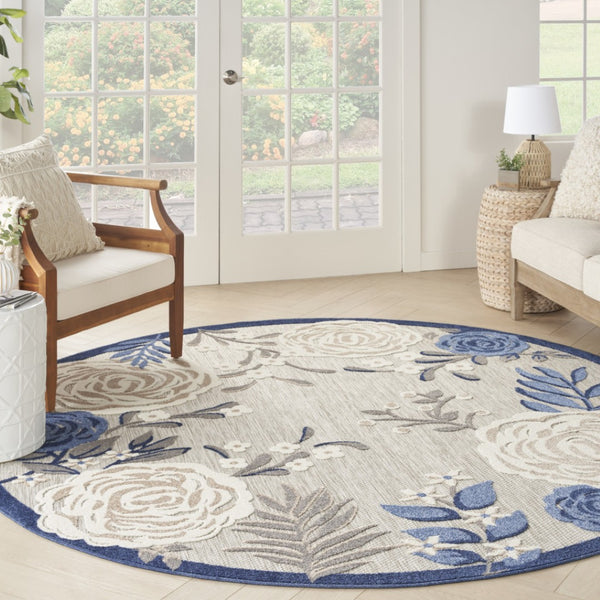 HomeRoots 8' Blue and Gray Floral Non-Skid Area Rug - Durable, Stylish, Indoor/Outdoor Solution for Homes 8' Round Round 527633
