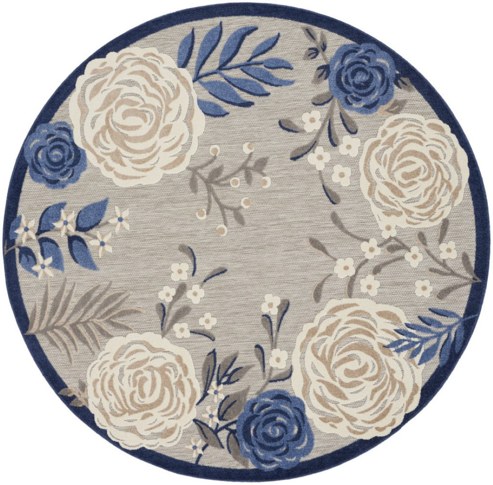HomeRoots 8' Blue and Gray Floral Non-Skid Area Rug - Durable, Stylish, Indoor/Outdoor Solution for Homes 8' Round Round 527633