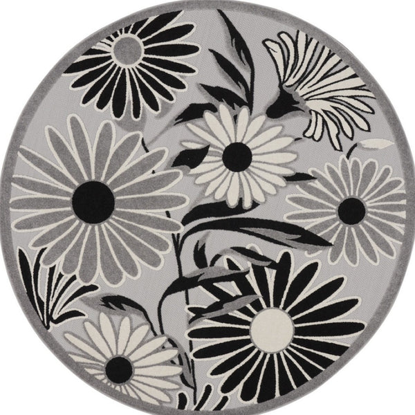 HomeRoots 8' Black and White Floral Area Rug - Durable, Non-Skid Design for Indoor or Outdoor High-Traffic Areas 8' Round Round 527636