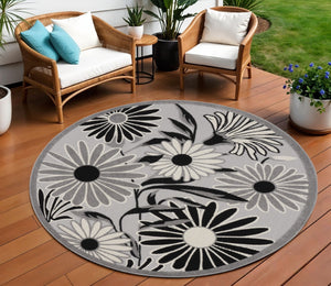 HomeRoots 8' Black and White Floral Area Rug - Durable, Non-Skid Design for Indoor or Outdoor High-Traffic Areas 8' Round Round 527636