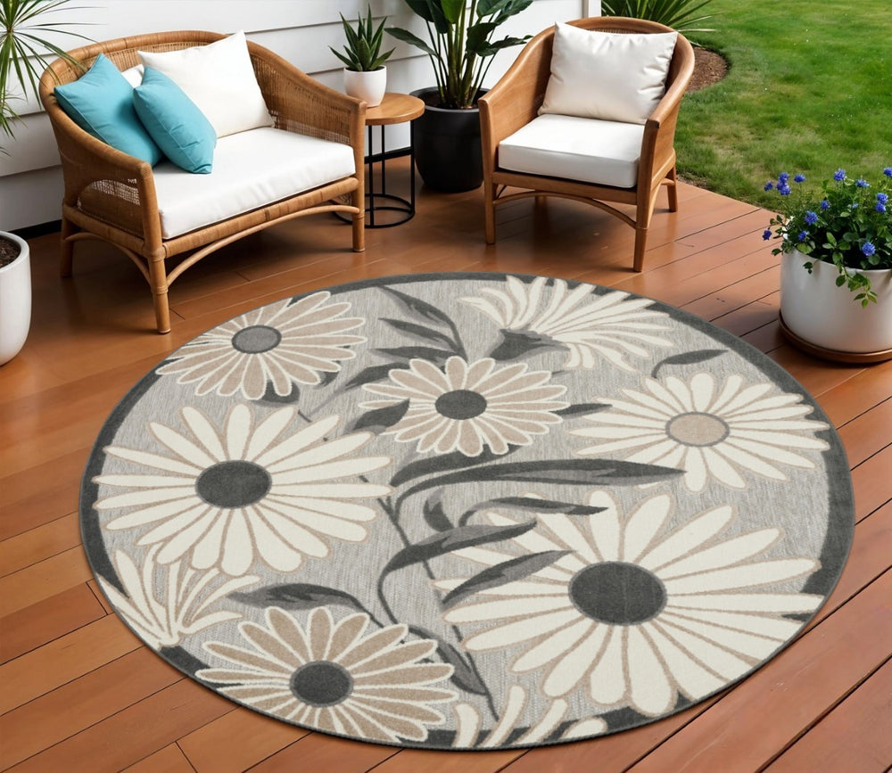 HomeRoots 8' Beige Floral Indoor Outdoor Area Rug - Elegant Design, Stain-Resistant, Perfect for Any Space 8' Round Round 527637