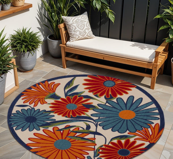 HomeRoots 8' Elegant Ivory Floral Area Rug | Durable, Non-Skid Design for Indoor & Outdoor Spaces, 94" x 126" 8' Round Round 527639