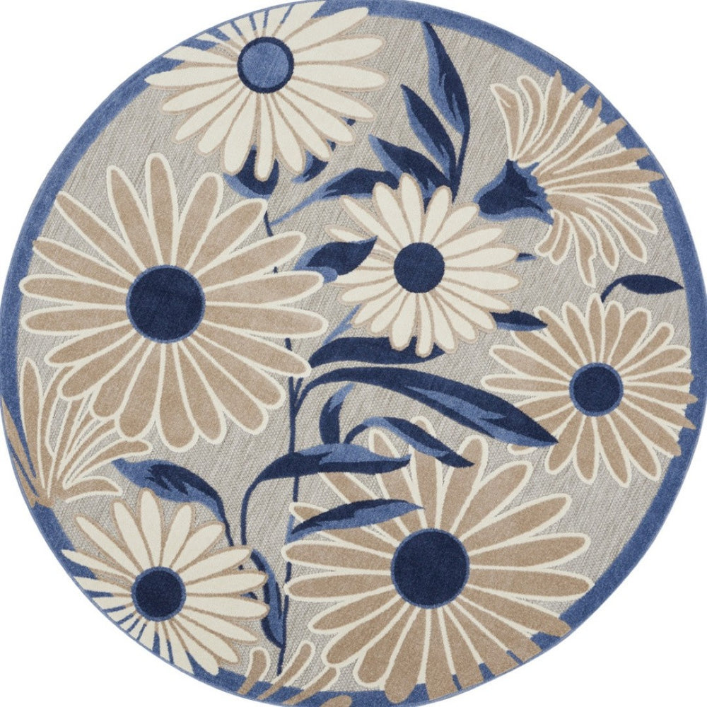 HomeRoots 8' Blue and Gray Floral Area Rug - Stylish Round Design for Indoor or Outdoor Spaces, Durable & Easy Care 527641