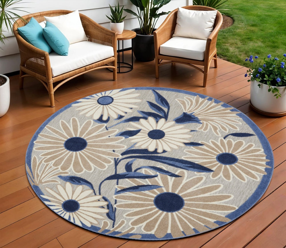 HomeRoots 8' Blue and Gray Floral Area Rug - Stylish Round Design for Indoor or Outdoor Spaces, Durable & Easy Care 527641