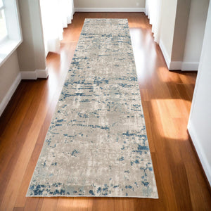 Homeroots 10' Blue And Gray Abstract Power Loom Runner Rug  Polypropylene,Polyester 527675