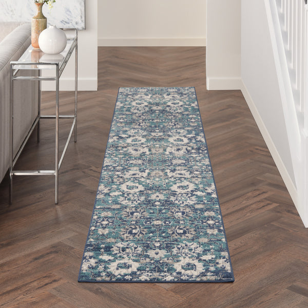 Homeroots 10' Runner Blue And Ivory Floral Power Loom Distressed Runner Rug  Polypropylene 527715