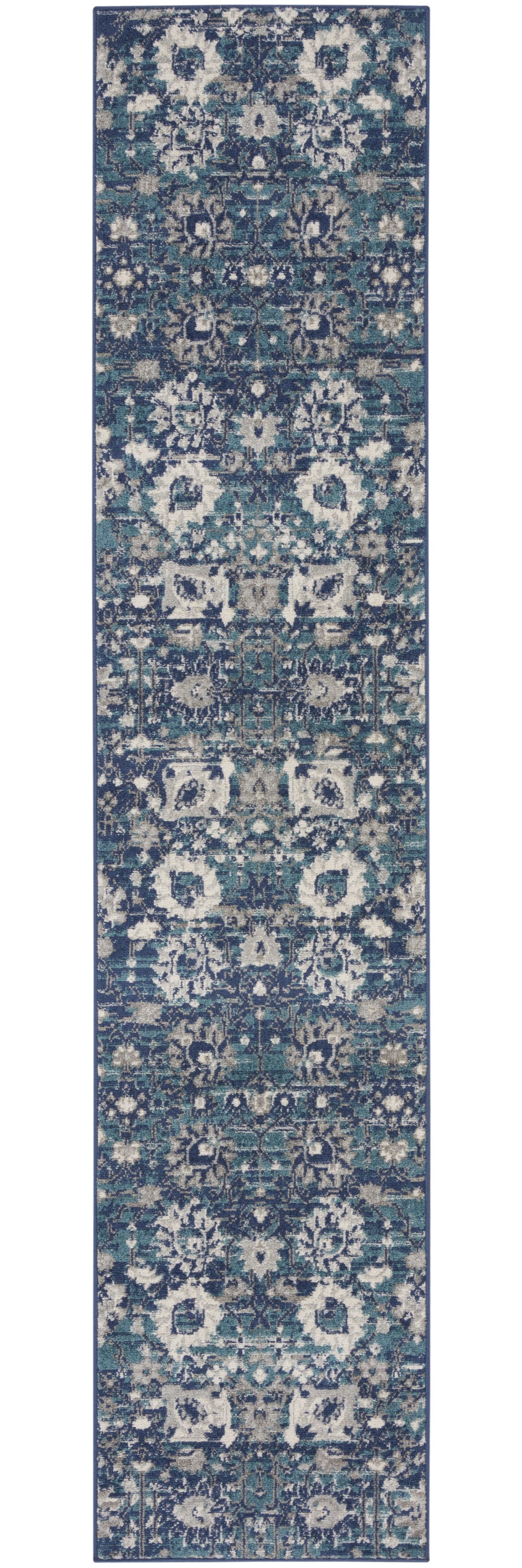 Homeroots 10' Runner Blue And Ivory Floral Power Loom Distressed Runner Rug  Polypropylene 527715