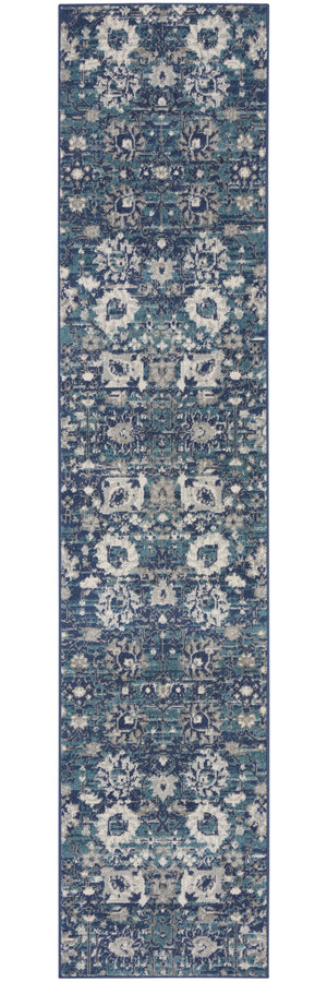 Homeroots 10' Runner Blue And Ivory Floral Power Loom Distressed Runner Rug  Polypropylene 527715