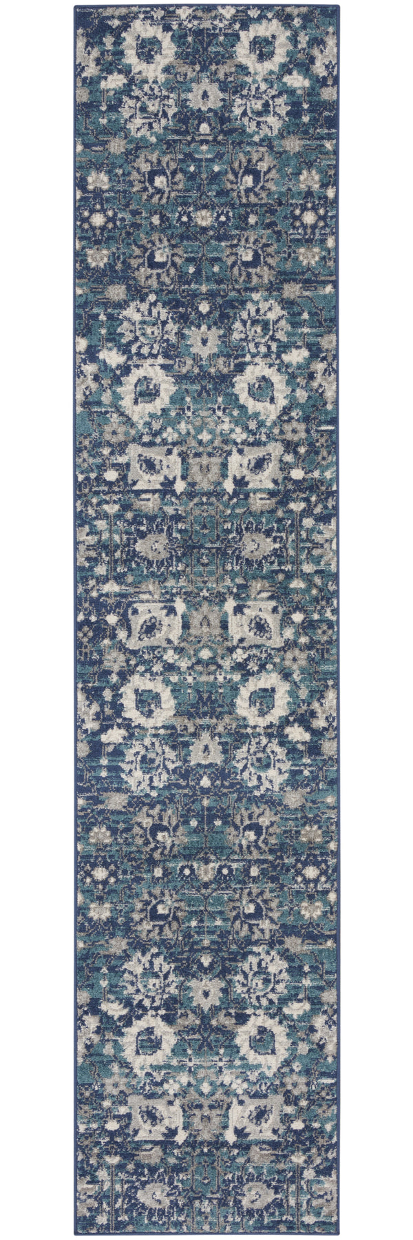 Homeroots 10' Runner Blue And Ivory Floral Power Loom Distressed Runner Rug  Polypropylene 527715
